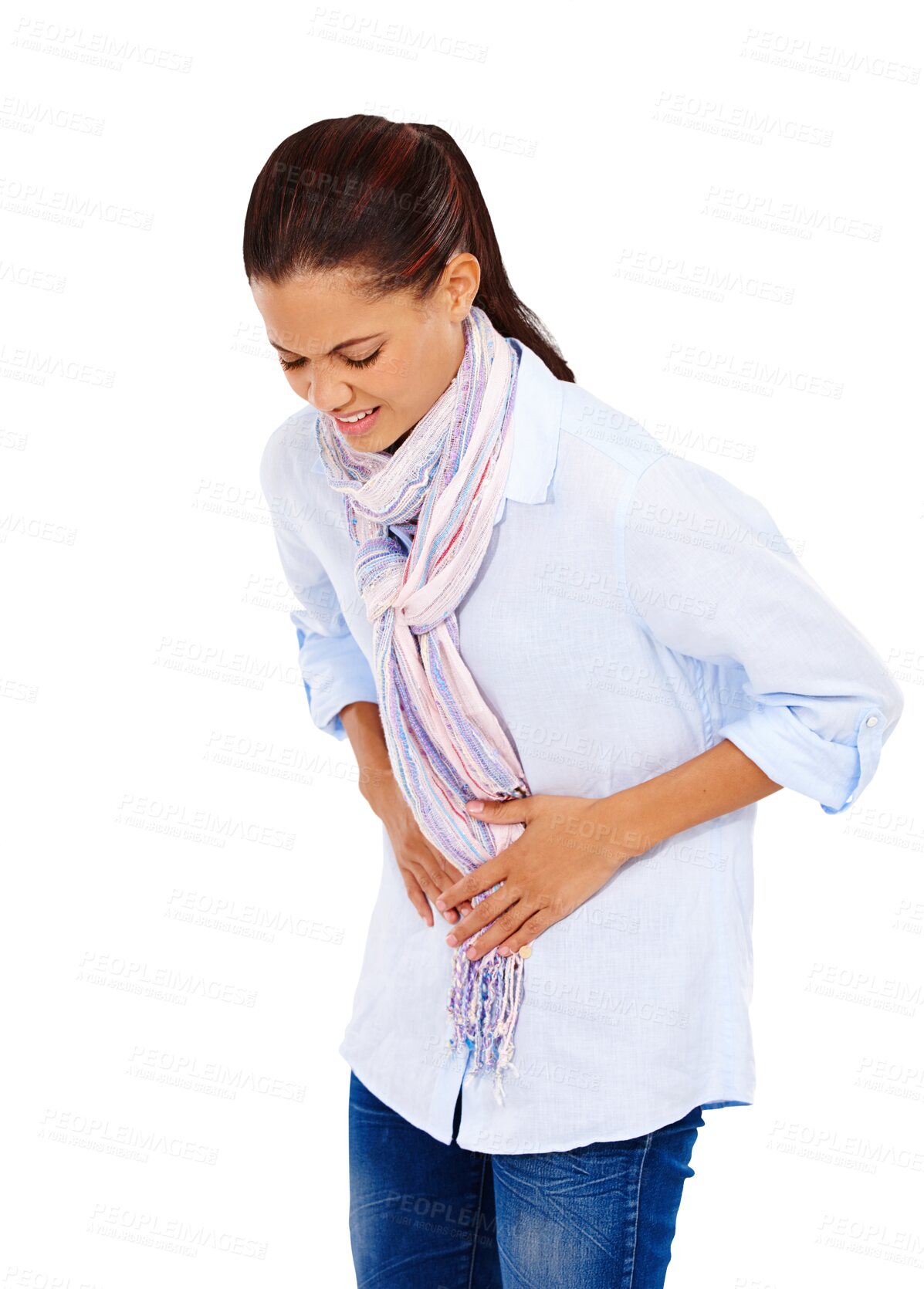 Buy stock photo Stomach, woman and pain problem with uncomfortable cramping and ibs issue. Young, constipation and female model suffer from menstruation and diarrhea isolated on a transparent, png background
