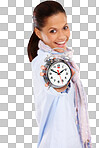 Time, smile and portrait of woman with clock, punctual for schedule isolated on a png background. Timeline, countdown and happy woman with alarm clock, time management from India blurred in studio.