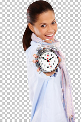 Buy stock photo Time, smile and portrait of woman with clock, punctual or schedule isolated on a transparent png background. Timeline, countdown and happiness of person with alarm, timepiece or timer for deadline.