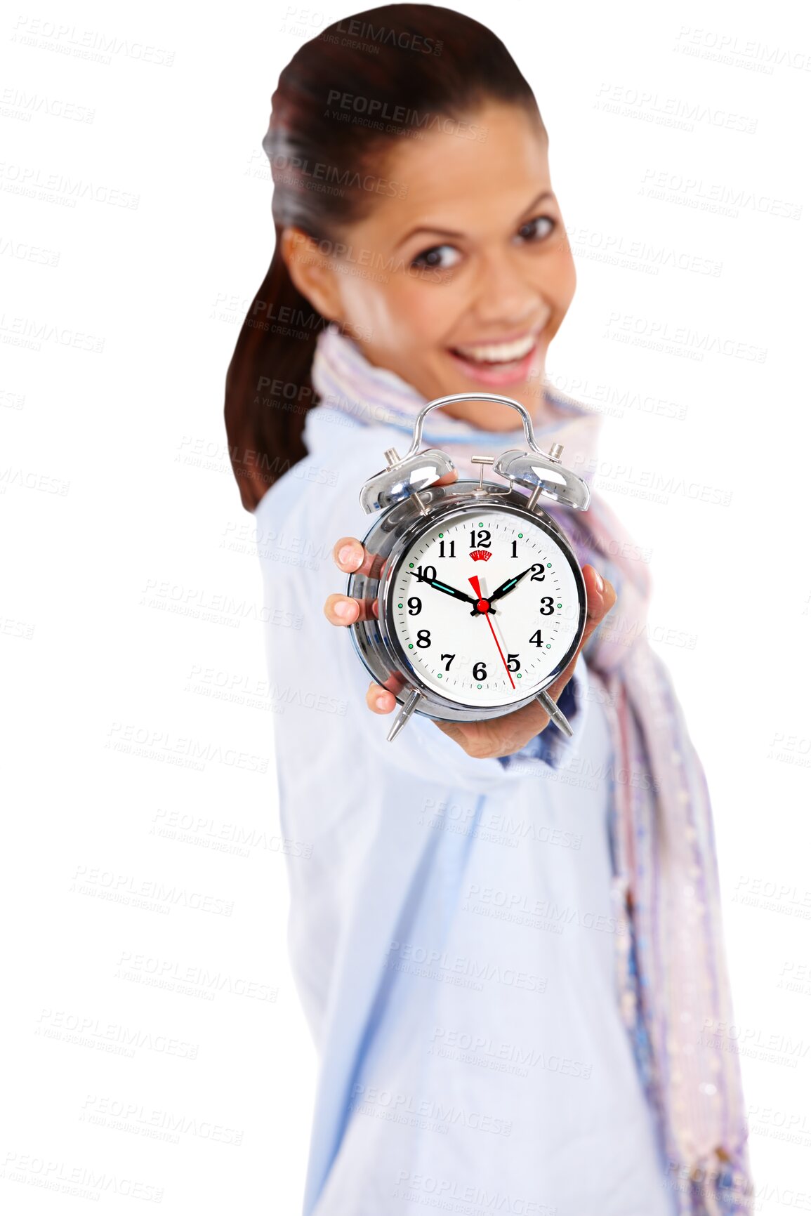 Buy stock photo Time, smile and portrait of woman with clock, punctual or schedule isolated on a transparent png background. Timeline, countdown and happiness of person with alarm, timepiece or timer for deadline.