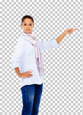 Buy stock photo Point, serious and portrait of woman with hand on png, isolated and transparent background. Promotion, branding and female person with pointing gesture for decision, advertising and information