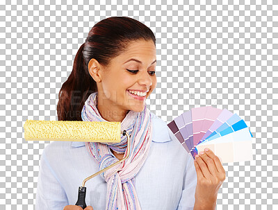 Buy stock photo Woman, creativity color swatch and paint roller for house, home improvement and diy. Smile, happy and creative female interior designer with painting tools isolated on a transparent, png background
