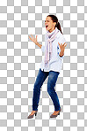 Angry, model and scream of a woman with stress frustrated about work isolated. isolated on a png background, career and business employee screaming and standing with anger gesture about working and studio mockup