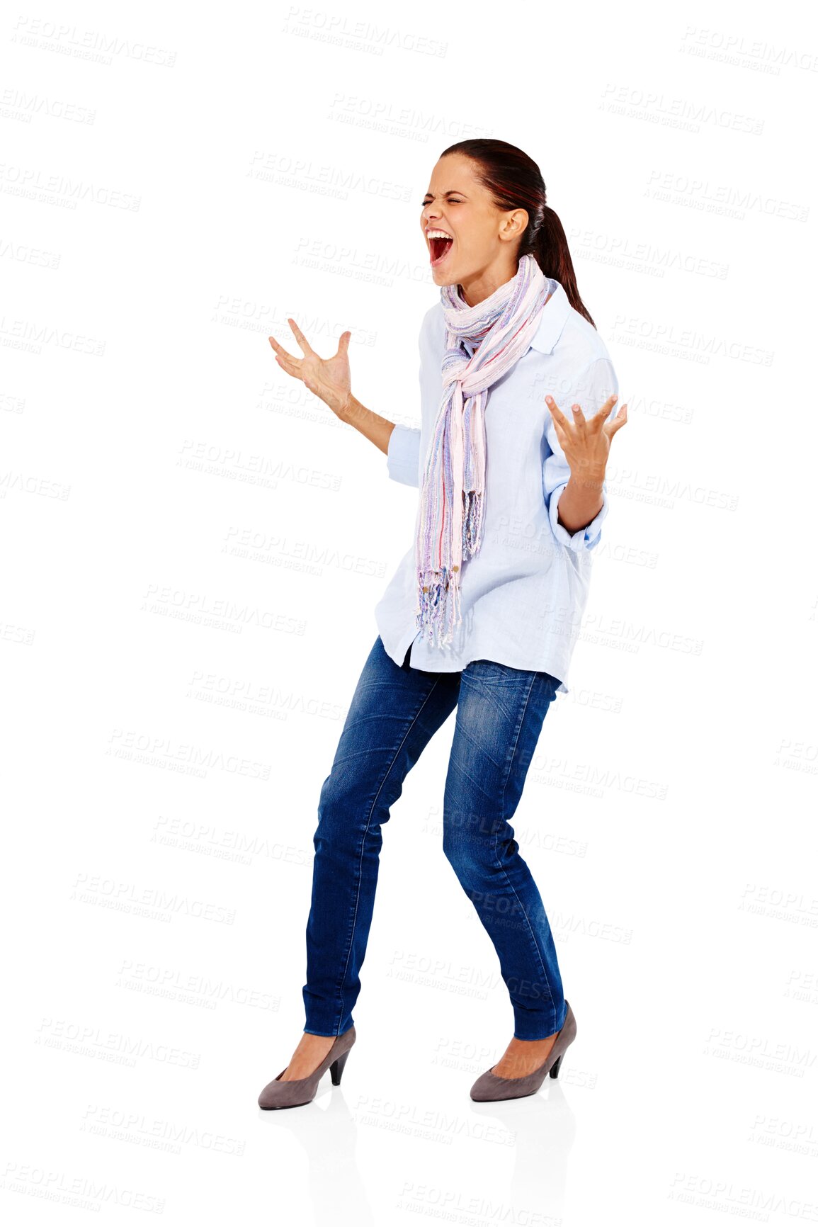 Buy stock photo Angry, screaming and anger of a woman frustrated about mistake and fail. Career stress, burnout and problem of person scream from being mad and upset isolated on a transparent, png background
