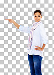 Portrait, black woman or pointing for promotion, product placement or gir. Nigerian female, lady or gesture for advertising, company sales or discount on backdrop isolated on a png background