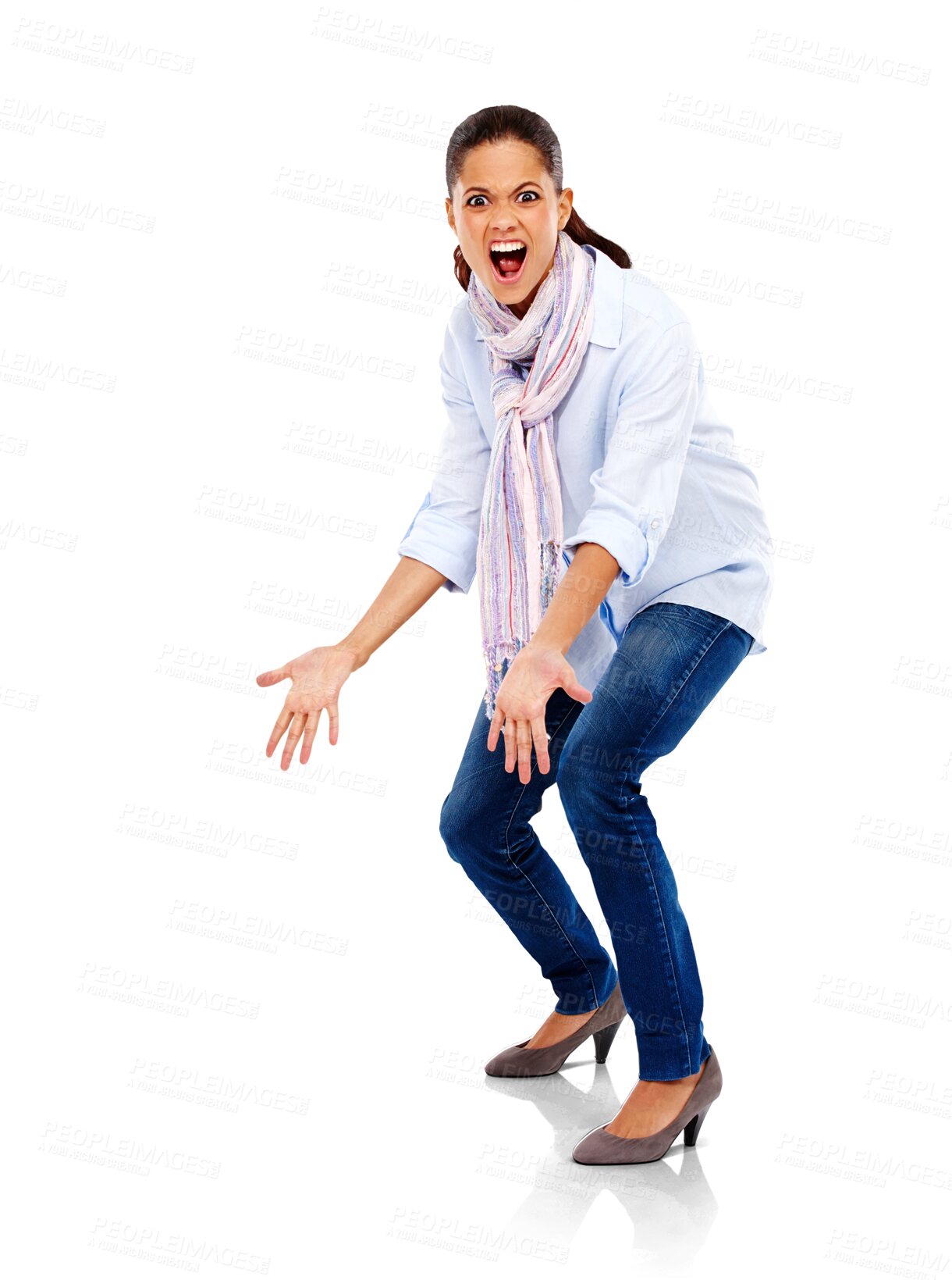 Buy stock photo Angry, screaming portrait and anger of a woman frustrated about fail. Stress, burnout and problem of business employee scream from being mad and upset isolated on a transparent, png background
