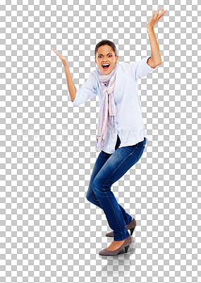 Buy stock photo Portrait, confused and angry shock with a woman frustrated from news. Shocked, doubt and surprise with a female model with what hands reaction and anger isolated on a transparent png background
