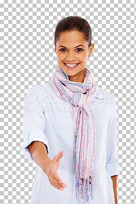 Buy stock photo Handshake, offer and portrait of happy woman isolated on transparent png background. Happy female person stretching for shaking hands, welcome and introduction for congratulations, thank you and deal