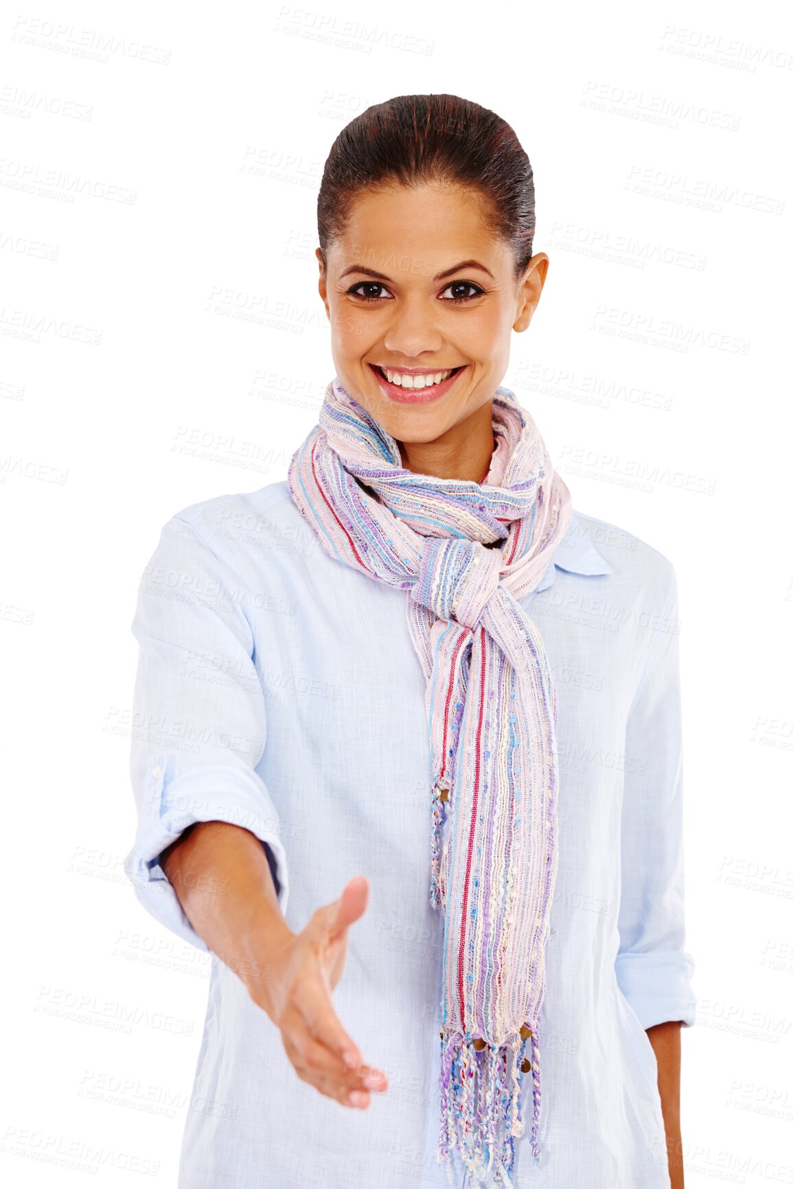 Buy stock photo Handshake, offer and portrait of happy woman isolated on transparent png background. Happy female person stretching for shaking hands, welcome and introduction for congratulations, thank you and deal