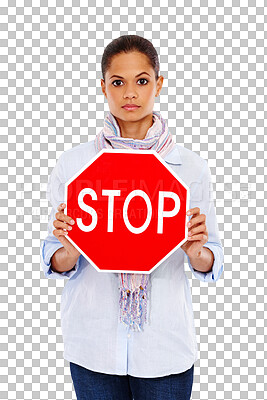 Buy stock photo Stop sign, poster and portrait of woman with warning on isolated, transparent and png background. Billboard, message and face of female with warning, emoji and ban order, vote or control board