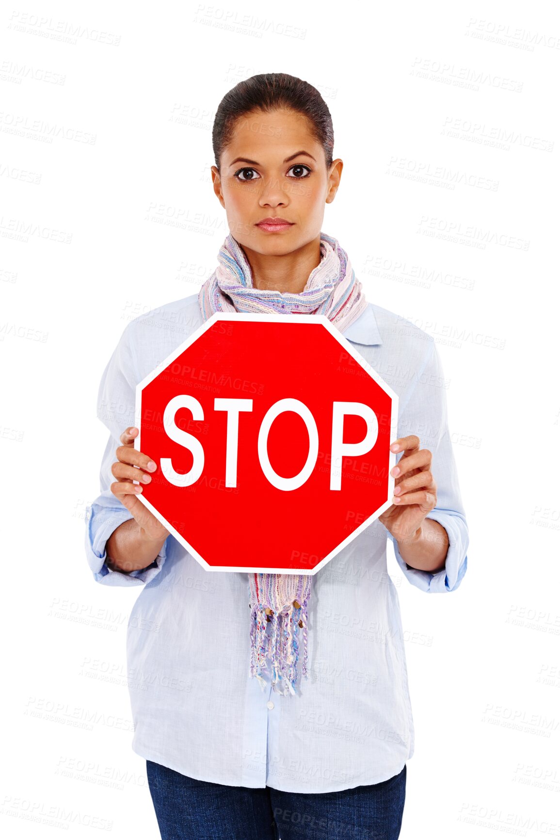 Buy stock photo Stop sign, poster and portrait of woman with warning on isolated, transparent and png background. Billboard, message and face of female with warning, emoji and ban order, vote or control board