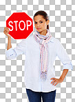 Woman with stop road sign, traffic rules and caution in portrait with stop sign. Warning sign, red with limit and danger, road regulations and  young female with signage isolated on a png background