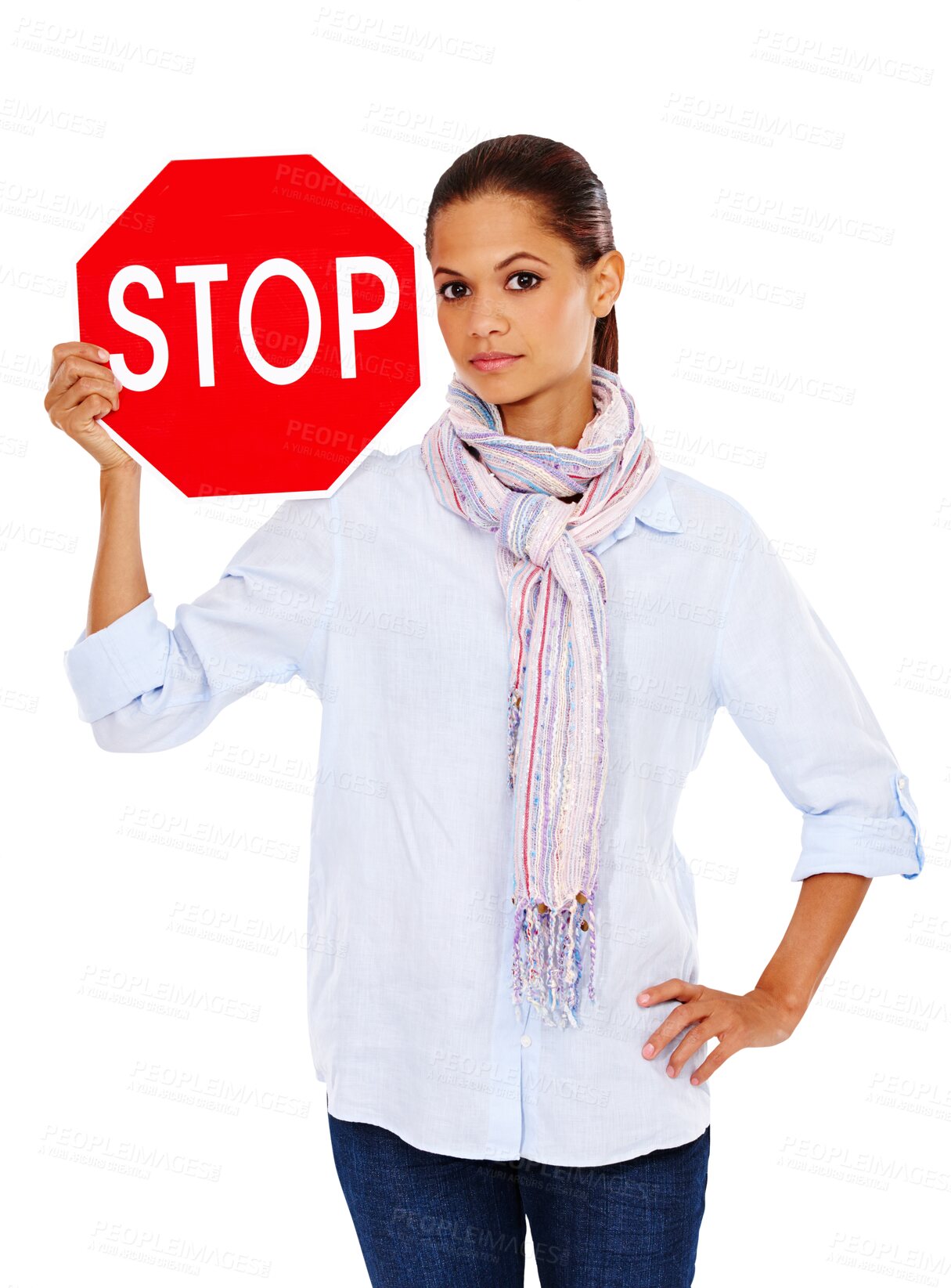 Buy stock photo Poster, stop sign and portrait of woman showing warning on isolated, transparent and png background. Billboard, message and face of female with warning, emoji and ban order, vote or control board