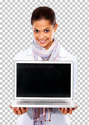 Buy stock photo Woman portrait, computer screen and mockup isolated on transparent, png background of teaching or learning promo. Happy biracial person or student on laptop, college application or presentation space