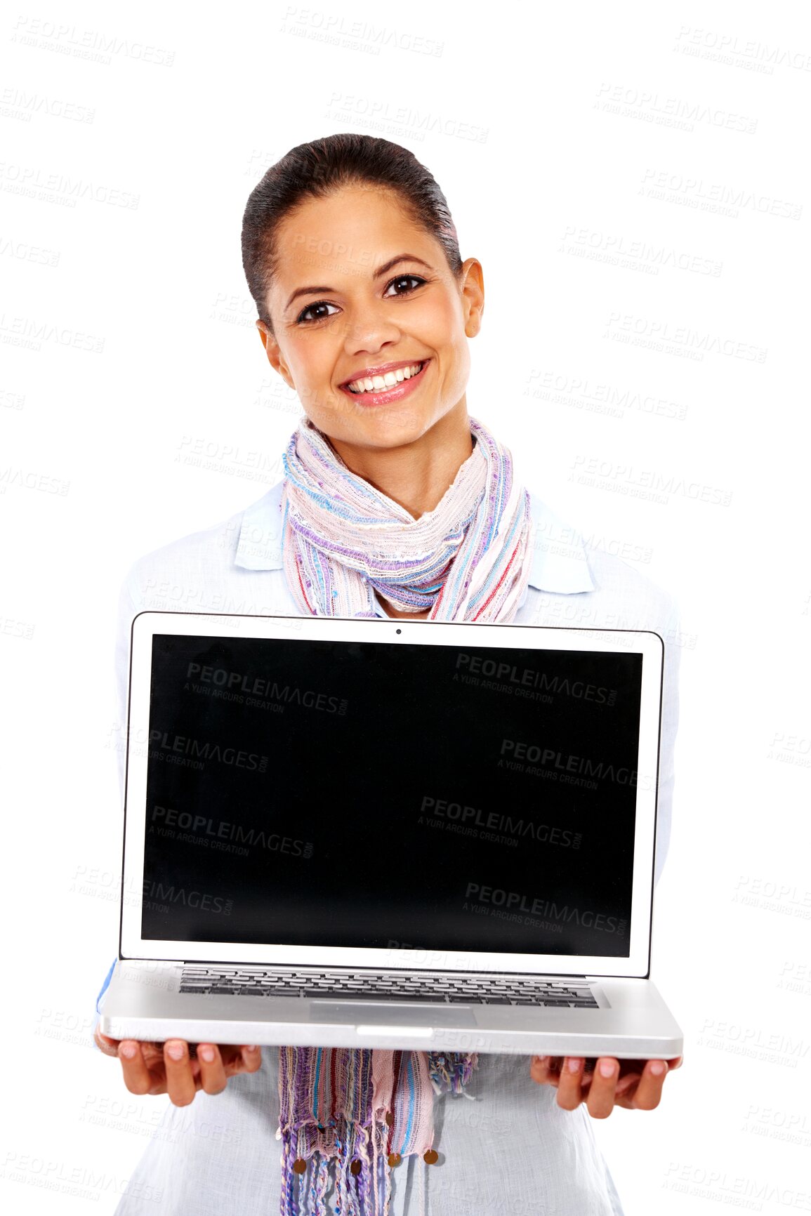 Buy stock photo Isolated woman, portrait and laptop screen with promo, blank and mockup space by transparent png background. Girl, model or student with computer, social media or web for study, research or mock up