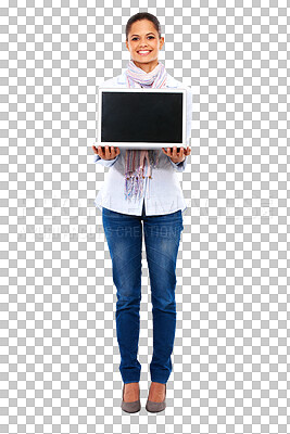 Buy stock photo Isolated woman, portrait and laptop with mockup screen, blank and happy by transparent png background. Girl, model or student with computer mock up, social network or promotion for online studying