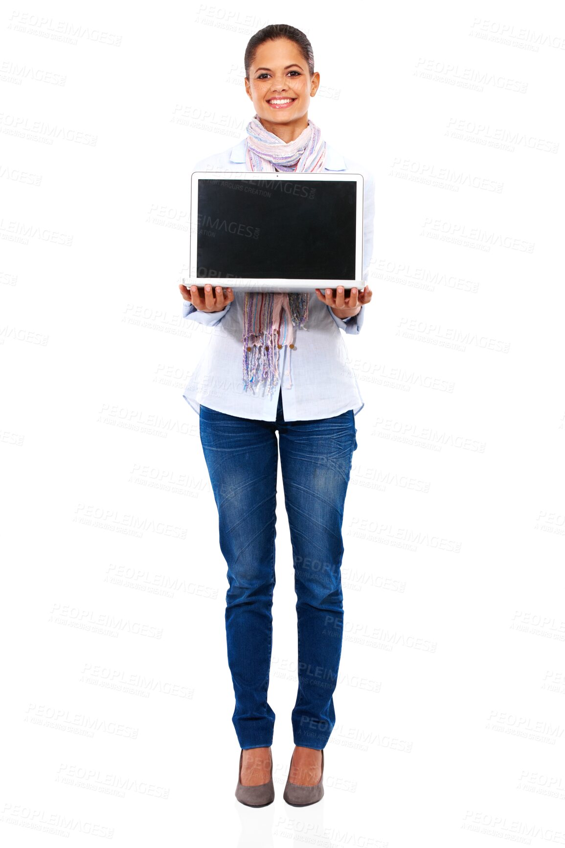 Buy stock photo Isolated woman, portrait and laptop with mockup screen, blank and happy by transparent png background. Girl, model or student with computer mock up, social network or promotion for online studying