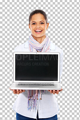 Buy stock photo Laptop, mockup and woman or student portrait isolated on transparent png background in teaching or online learning. Happy biracial person on computer screen, college application or presentation space