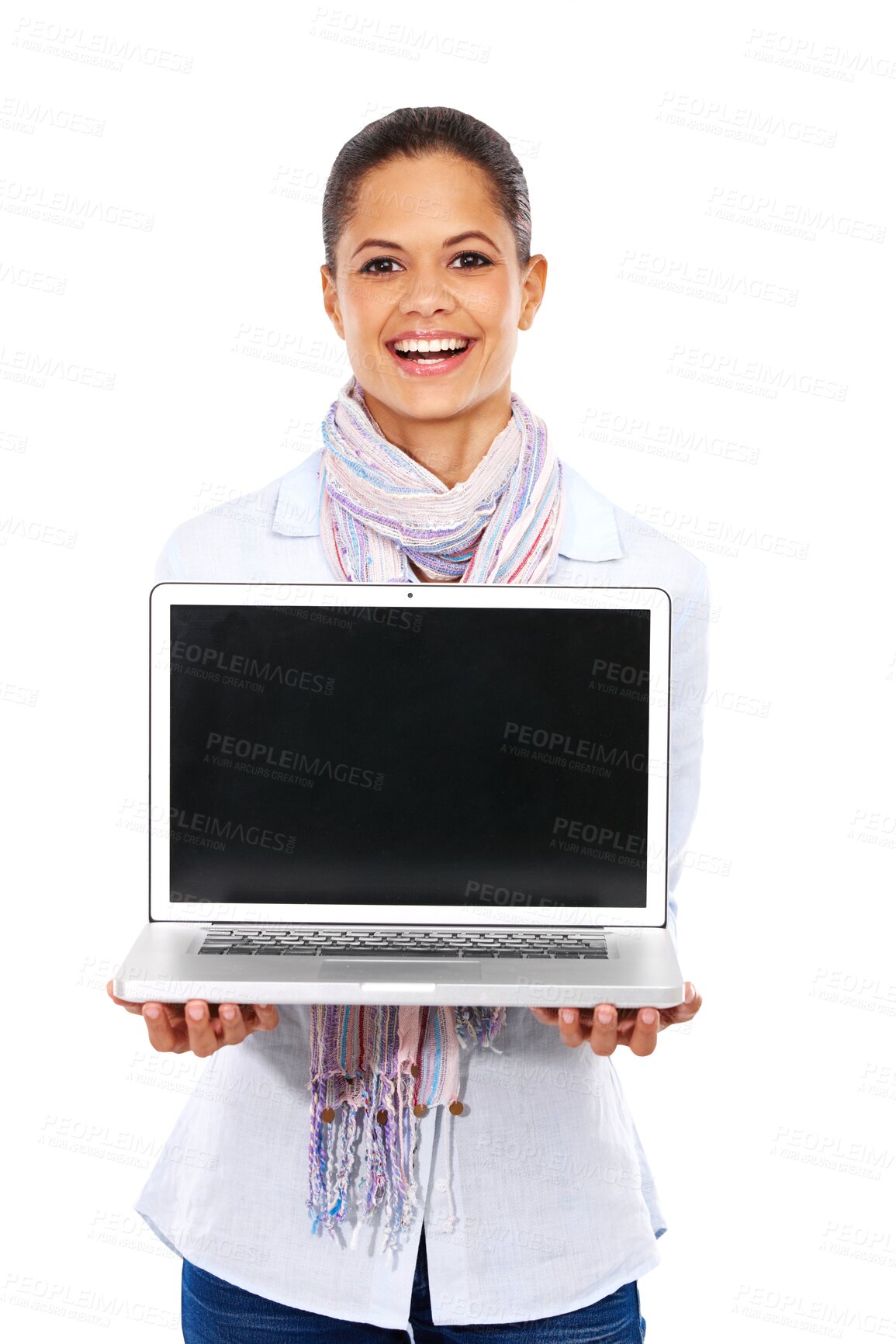 Buy stock photo Laptop, mockup and woman or student portrait isolated on transparent png background in teaching or online learning. Happy biracial person on computer screen, college application or presentation space