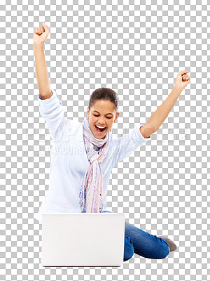 Buy stock photo Winning, laptop and excited woman isolated on transparent, png background for good news, bonus or success. Happy, biracial person or winner with fist, yes or celebration wow on computer for giveaway