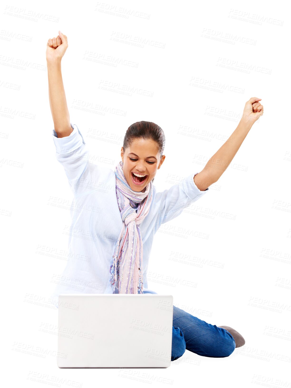 Buy stock photo Winning, laptop and excited woman isolated on transparent, png background for good news, bonus or success. Happy, biracial person or winner with fist, yes or celebration wow on computer for giveaway