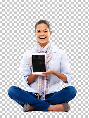 Buy stock photo Tablet, screen mockup and woman portrait isolated on transparent, png background of university website promo. Happy, biracial person or student on digital technology, mock up or space for college app