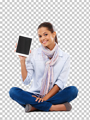 Buy stock photo Tablet, mockup and happy woman in portrait isolated on transparent, png background for education or online learning app. Biracial female person or student on digital tech, website and space on screen