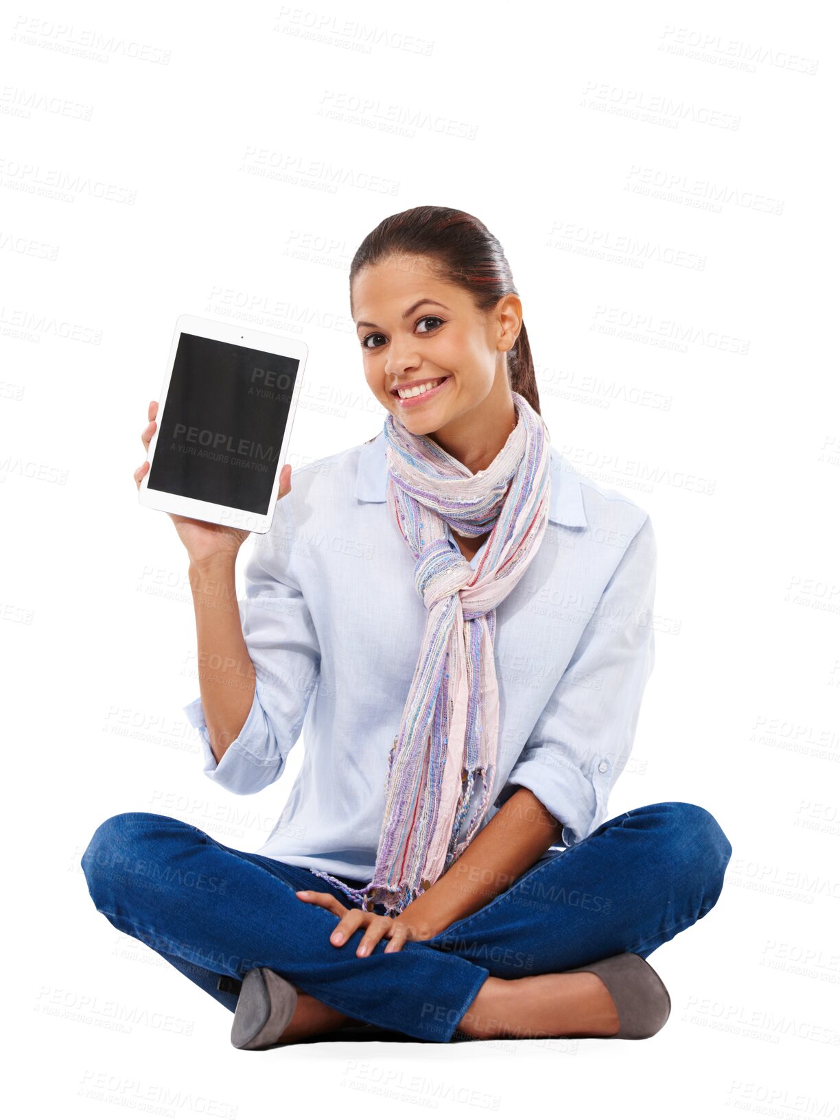 Buy stock photo Tablet, mockup and happy woman in portrait isolated on transparent, png background for education or online learning app. Biracial female person or student on digital tech, website and space on screen