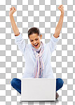 A Happy woman, fist or winner on laptop on distance learning, education or studying success. Smile, excited or wow student hands up on digital technology in mockup isolated on a png background