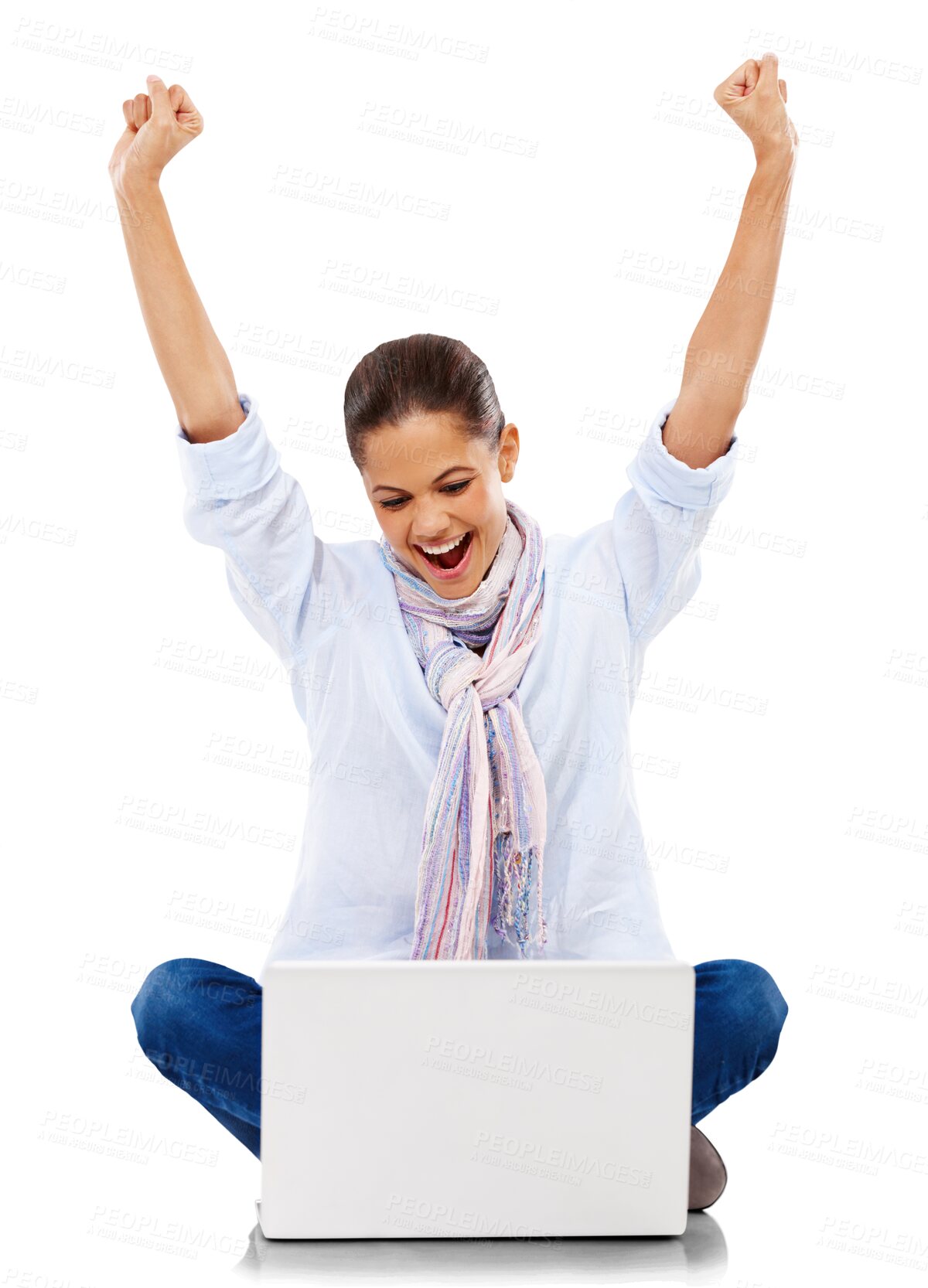 Buy stock photo Computer, winner and excited woman isolated on transparent, png background of good news, bonus and winning. Happy biracial person with fist, yes and cheers, wow or celebration on laptop for success