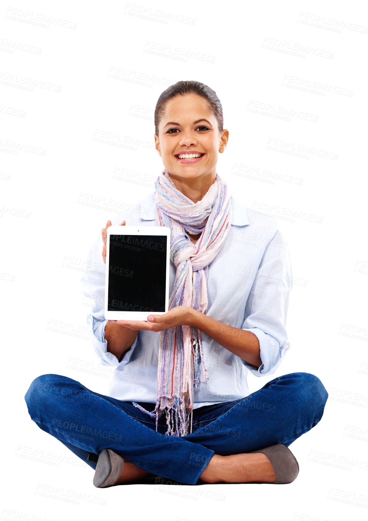 Buy stock photo Woman portrait, tablet and screen space isolated on transparent png background of university website mockup. Happy, biracial person or student on digital technology, mock up and promo of college app