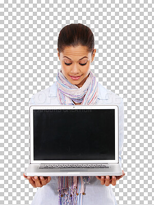 Buy stock photo Woman, laptop and blank screen isolated on transparent png background for advertising media. Female person holding computer for presentation, mockup space and promotion of website review coming soon