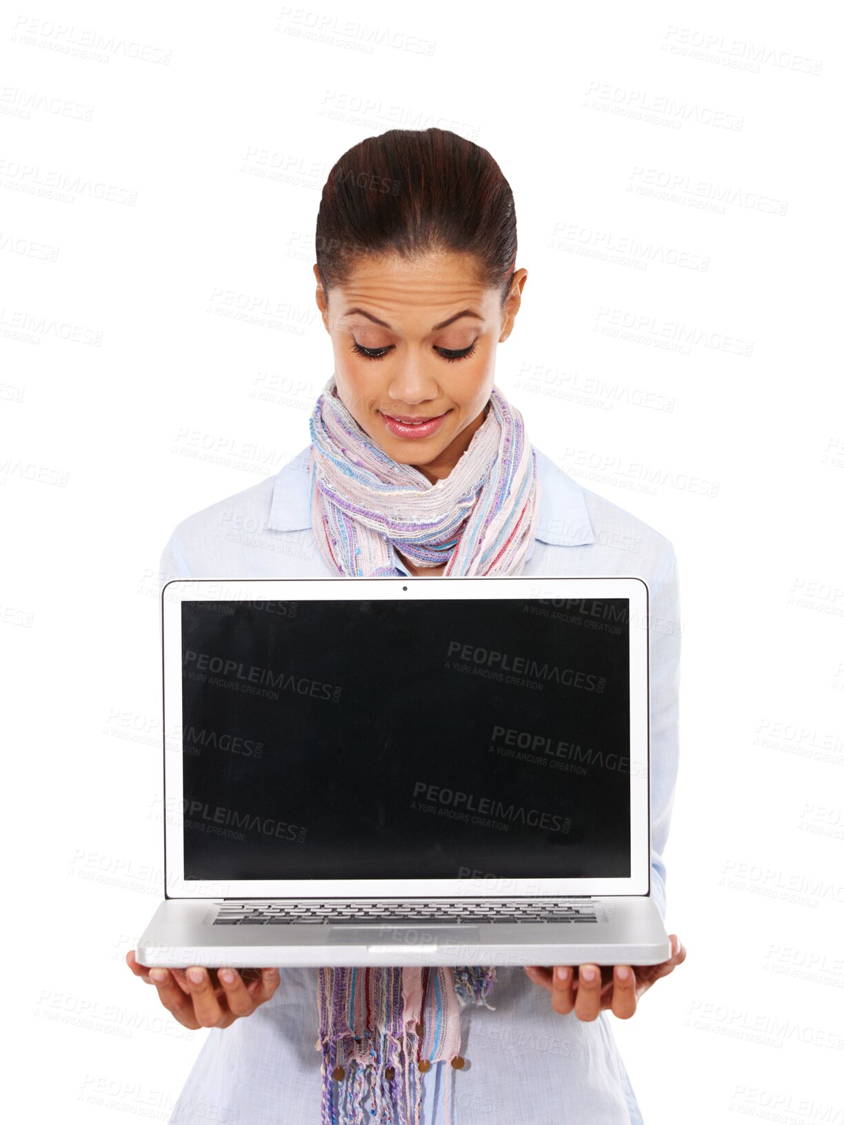 Buy stock photo Woman, laptop and blank screen isolated on transparent png background for advertising media. Female person holding computer for presentation, mockup space and promotion of website review coming soon