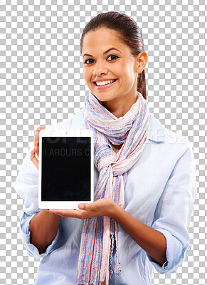 Buy stock photo Happy portrait, tablet mockup and woman isolated on transparent, png background for fashion, retail or online sale. Happy, biracial person with digital technology, mock up screen and space for promo