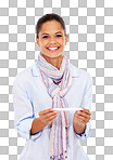 Face, smile and woman with pregnancy test in studio isolated on a png background. Pregnant, good news and young female or future mother holding maternity exam kit and happy with positive results.