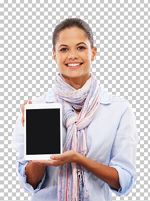 Buy stock photo Tablet mockup, screen and woman portrait isolated on transparent, png background for application promo or sale mockup. Happy, biracial person on digital technology, online space or web presentation