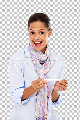 Buy stock photo Pregnancy test, excited portrait and woman isolated on transparent png background with ivf results. Happy female person, pregnant news and announcement of fertility healthcare, hormones and surprise