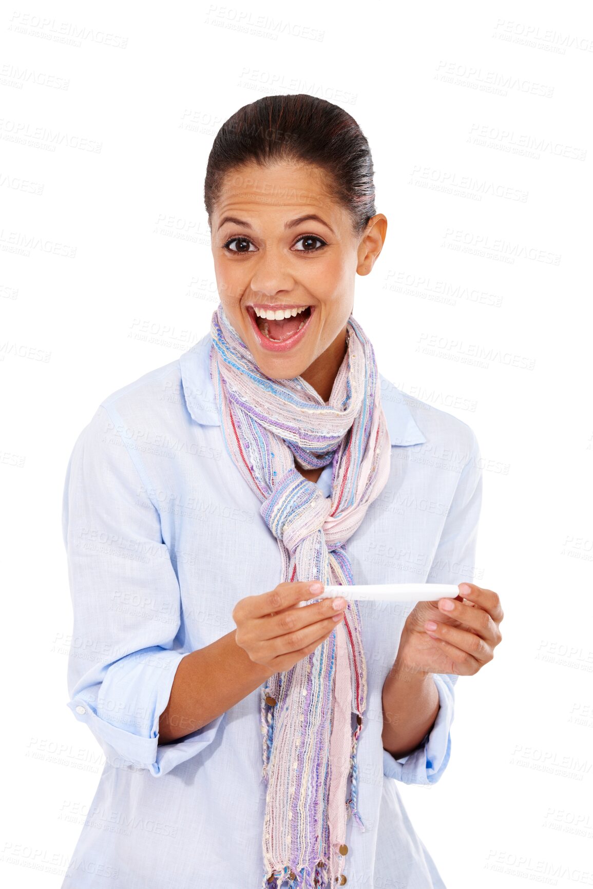 Buy stock photo Pregnancy test, excited portrait and woman isolated on transparent png background with ivf results. Happy female person, pregnant news and announcement of fertility healthcare, hormones and surprise