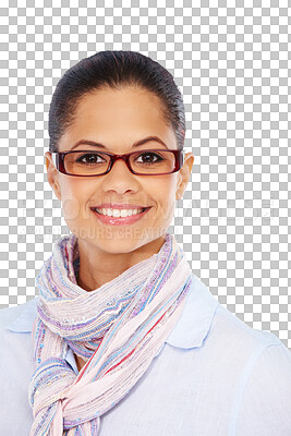 Buy stock photo Glasses, smile and portrait of woman on png for prescription lenses, eye care or vision. Healthcare, fashion and happy with face of female from brazil isolated on transparent background for optometry