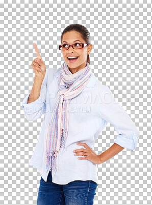 Buy stock photo Point, smile and excited face of woman with hand on png, isolated and transparent background. Promotion, branding and happy female person with pointing sign for decision, advertising and information