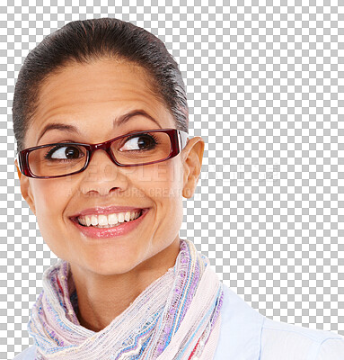 Buy stock photo Thinking, glasses and woman with an idea, vision and optometry frame isolated in a transparent png background. Eyewear, ophthalmology and female person with a smile feeling happy for eye care