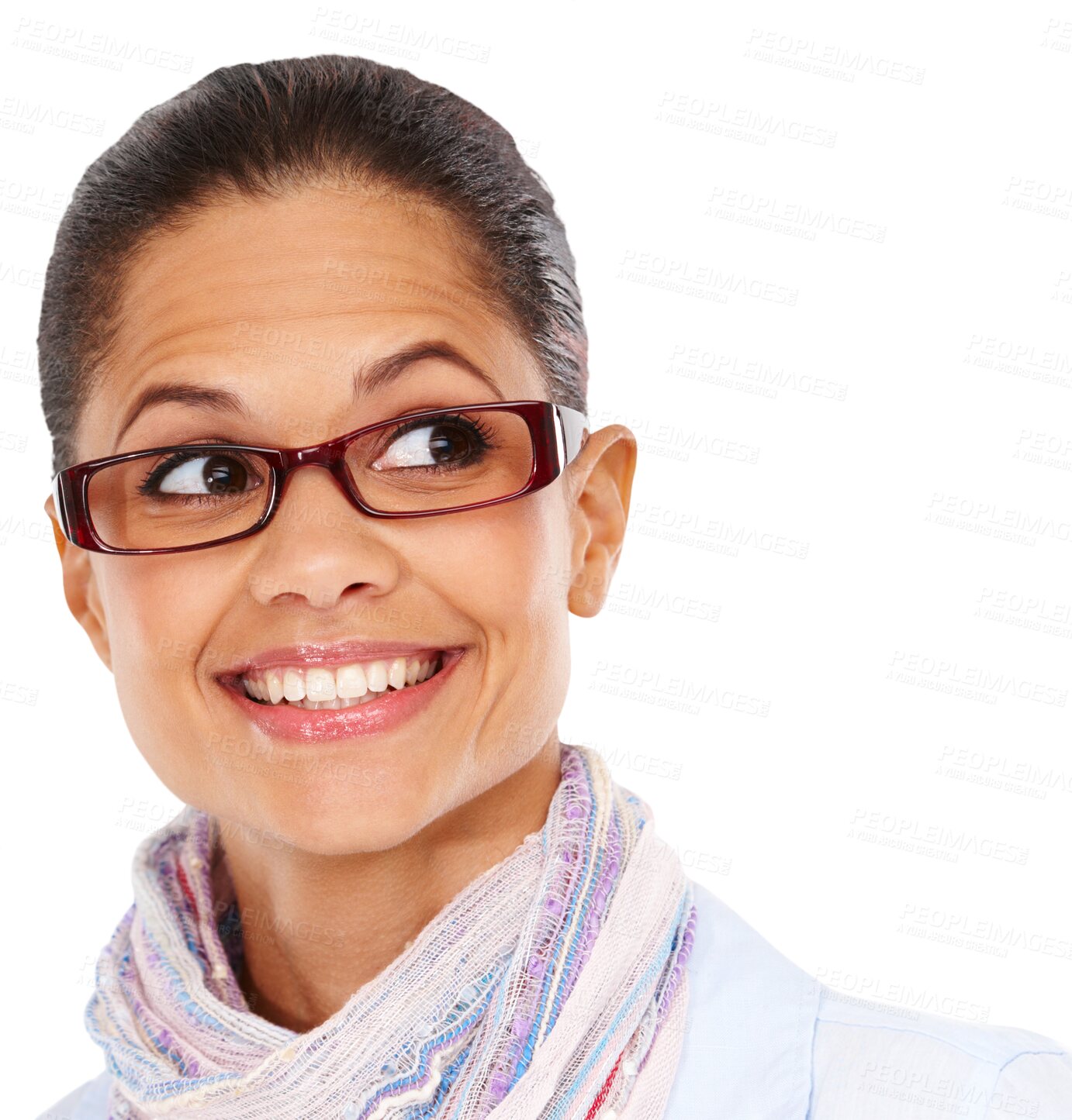 Buy stock photo Thinking, glasses and woman with an idea, vision and optometry frame isolated in a transparent png background. Eyewear, ophthalmology and female person with a smile feeling happy for eye care