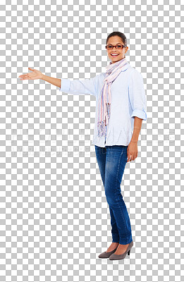 Buy stock photo Present, show and portrait of woman with hand on png, isolated and transparent background. Promotion, branding and happy female person with presenting gesture for decision, advertising or information