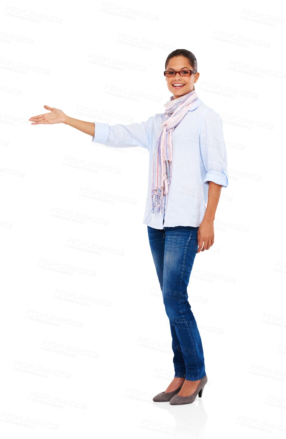 Buy stock photo Present, show and portrait of woman with hand on png, isolated and transparent background. Promotion, branding and happy female person with presenting gesture for decision, advertising or information