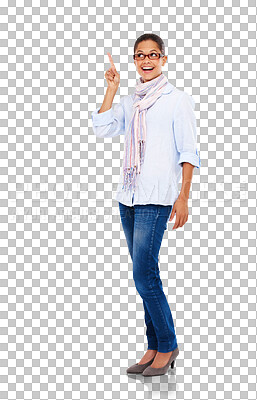 Buy stock photo Point, smile and face of woman with hand on png, isolated and transparent background. Thinking, branding and happy female person with pointing gesture for decision, announcement choice and promotion