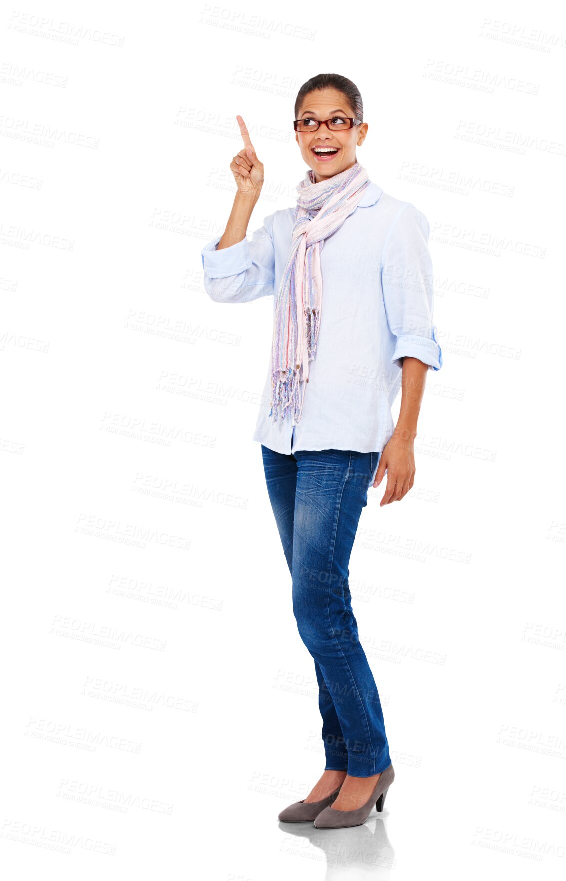 Buy stock photo Point, smile and face of woman with hand on png, isolated and transparent background. Thinking, branding and happy female person with pointing gesture for decision, announcement choice and promotion