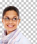 Thinking, glasses and space with a black woman for product placement. Idea, eyewear and frame with a female on mockup for marketing, advertising or branding isolated on a png background