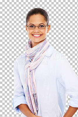 Buy stock photo Portrait, glasses and smile with a woman isolated on a transparent, png background. Model, happy face and eye vision with an attractive young female person with happiness ready for eyewear exam