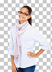 Portrait, glasses and smile with a black woman for fashion or style. Model, happy and eyewear with an attractive young female standing on blank space isolated on a png background