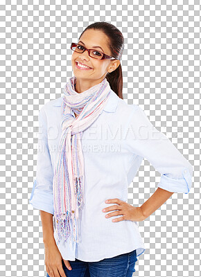 Buy stock photo Portrait, glasses and smile with a black woman isolated on a transparent, png background. Model, happy and eye vision with an attractive young female person with happiness ready for eyewear exam